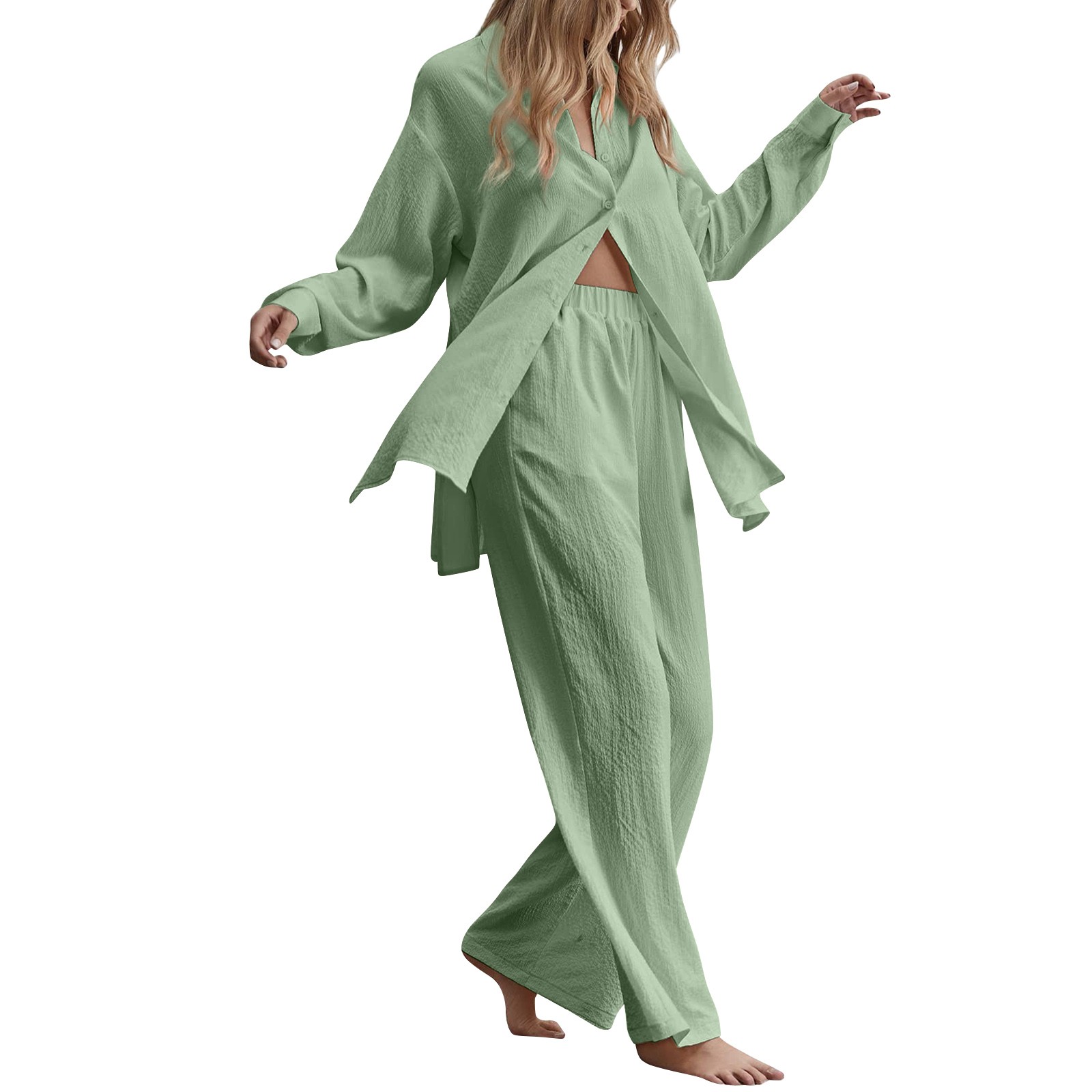 thumbnail image 3 of Traje retro de dos piezas para mujer: camisa de manga larga y pantalones de cintura alta, color liso, tejido cómodo, tallas grandes, adecuado para el día a día y para fiestas, 3 of 5